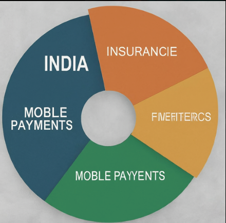 Fintech Faceoff: Reliance vs. Adani - Who Will Rule India's Digital Wallet? (2024) 2 a pie chart illustrating the different segments of India's fintech market - fintech