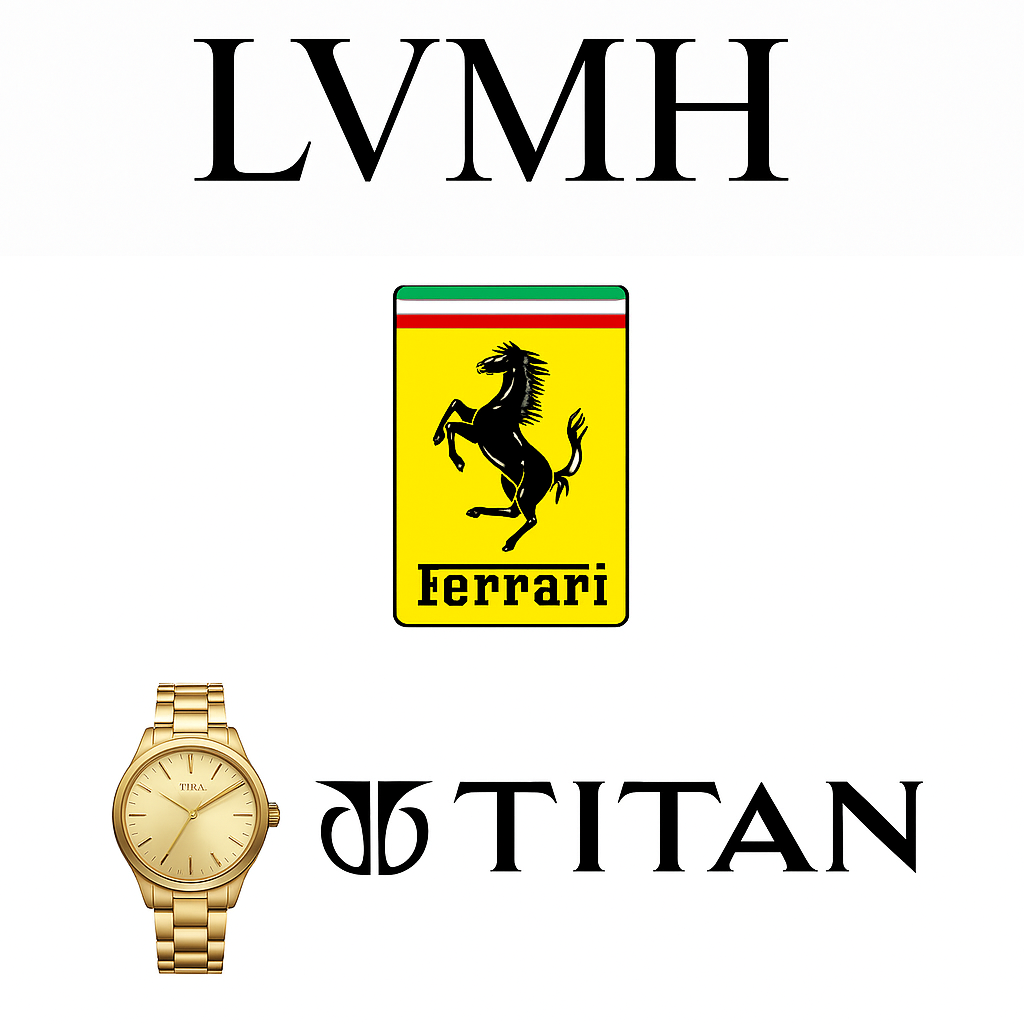 Luxury Investment Strategies: The Ultimate Guide for Aspiring Connoisseurs 4 Logos and products of global luxury brands—LVMH, Ferrari, Titan
