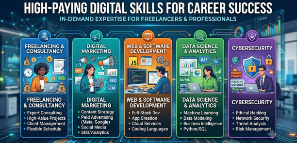 High-Paying Skills in 2026: 15 Future-Proof Skills That Can Help You Earn More 1 Illustration showing the best high-paying skills in 2026 including AI, data analytics, software development, cybersecurity, and digital marketing.